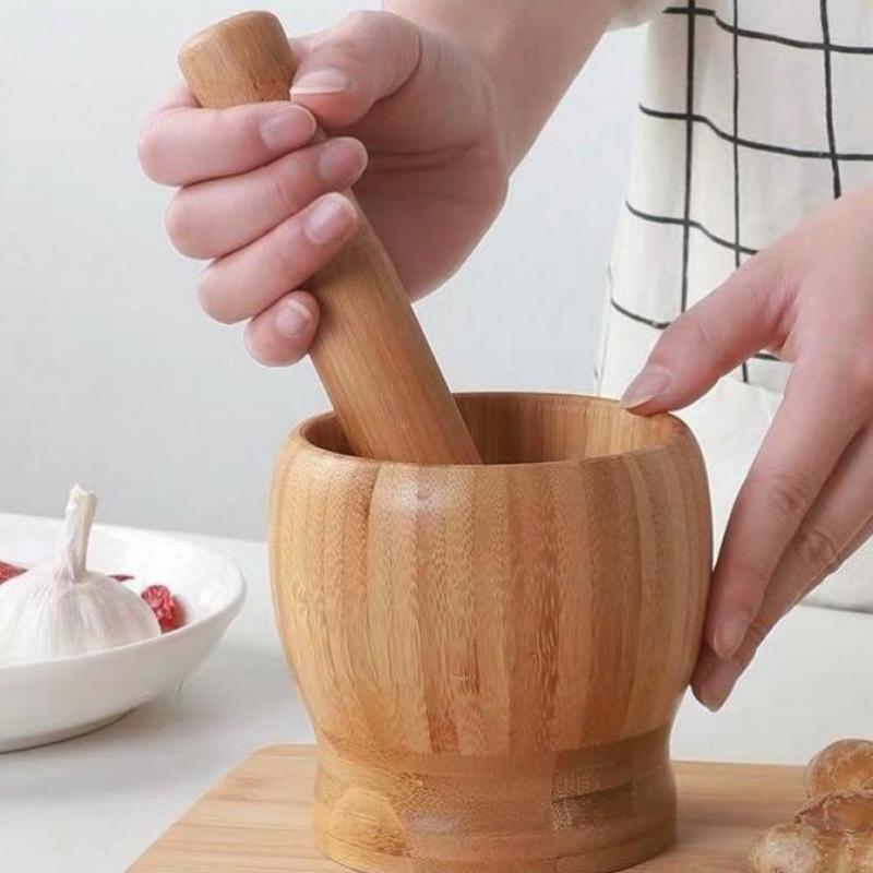 Presse-Ail Bambou Artisanal - Mortier Broyeur Ail Manuel Cuisine Naturel