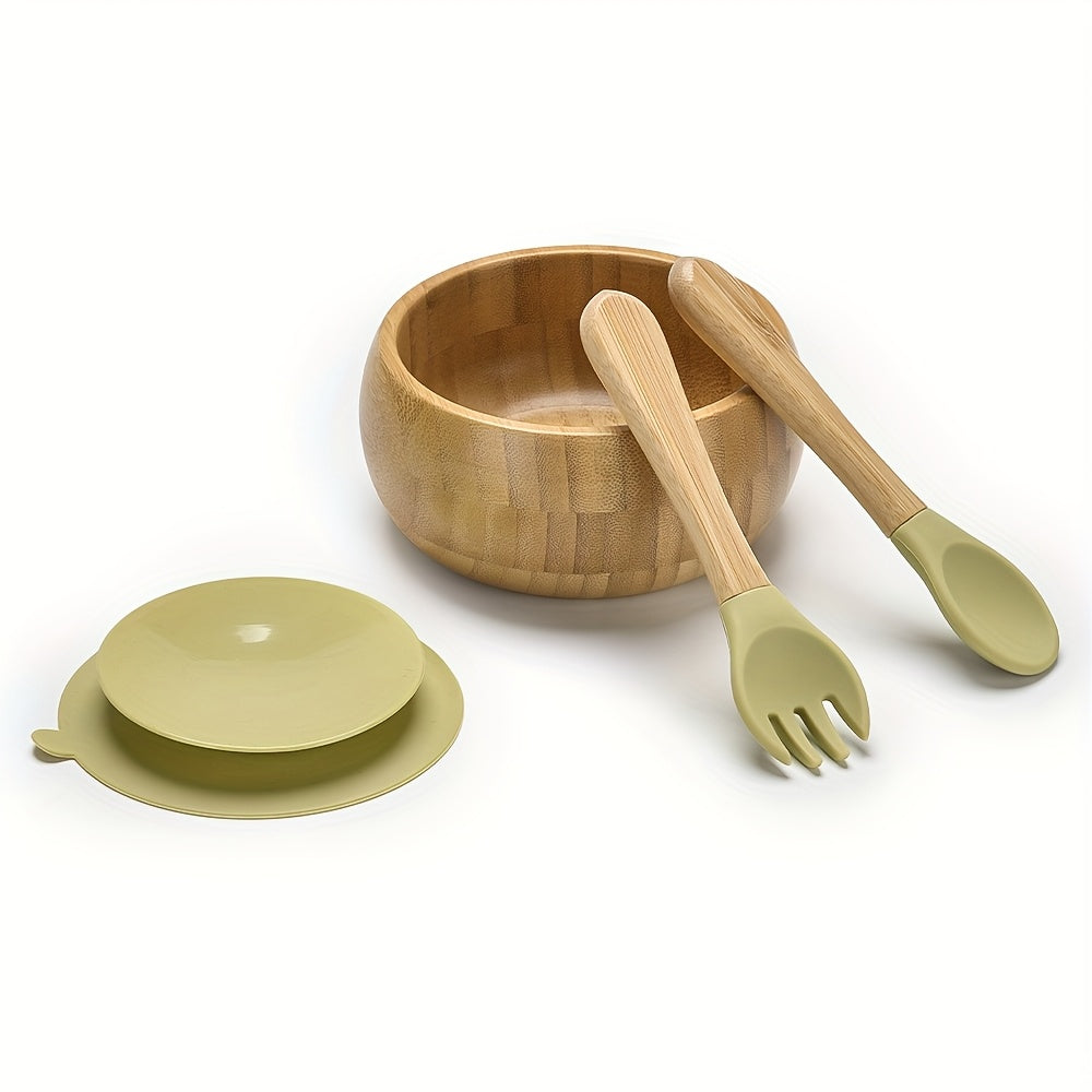 Set Vaisselle Bambou Bébé 4 Pièces - Bol Assiette Ventouse Couverts Silicone 0-3 ans