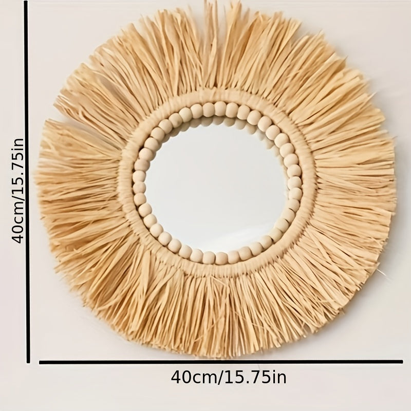 Miroir Mural Raphia Bambou Scandinave - Décoration Bohème Chambre Salon