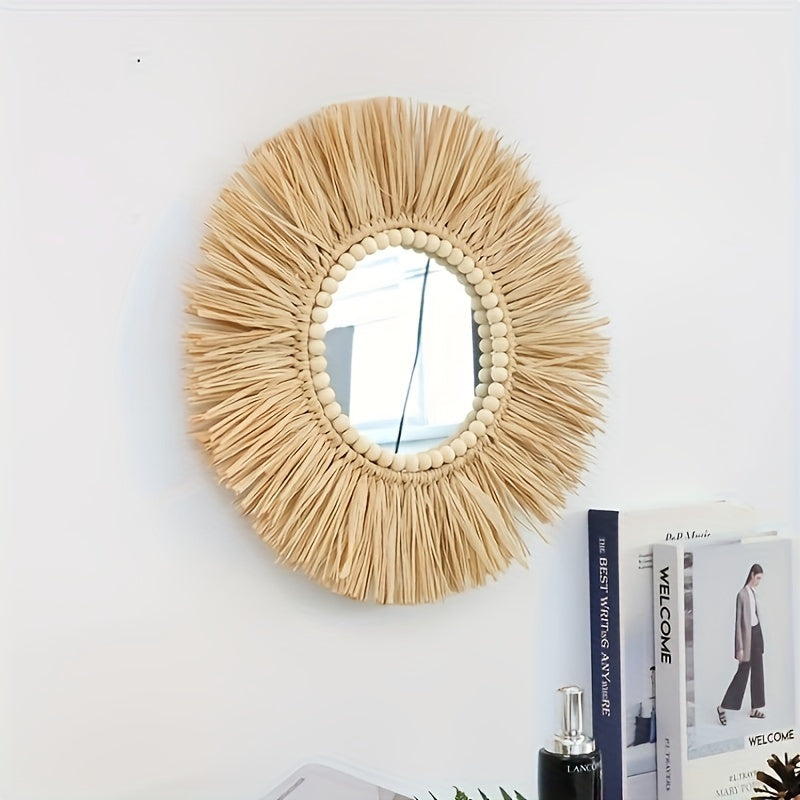 Miroir Mural Raphia Bambou Scandinave - Décoration Bohème Chambre Salon