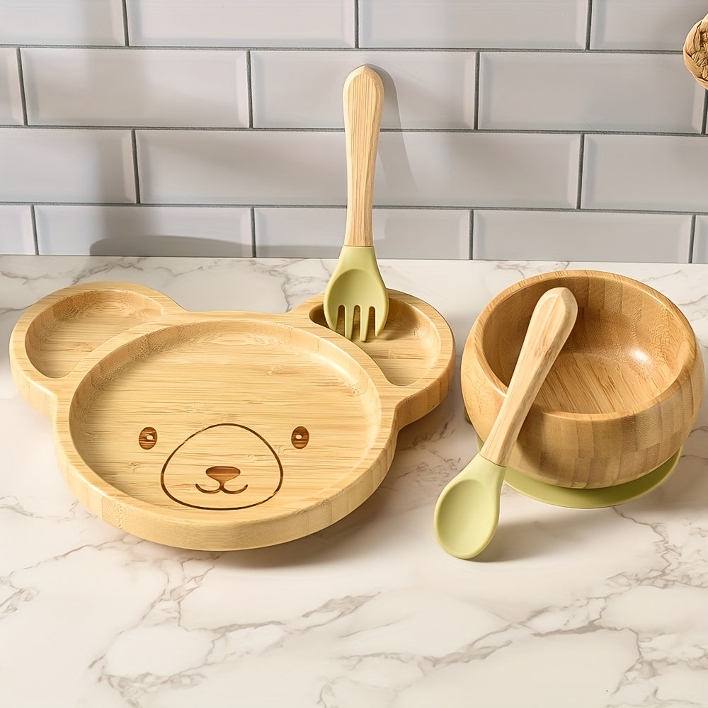 Set Vaisselle Bambou Bébé 4 Pièces - Bol Assiette Ventouse Couverts Silicone 0-3 ans
