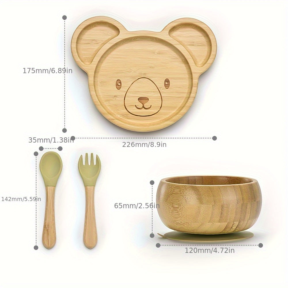 Set Vaisselle Bambou Bébé 4 Pièces - Bol Assiette Ventouse Couverts Silicone 0-3 ans