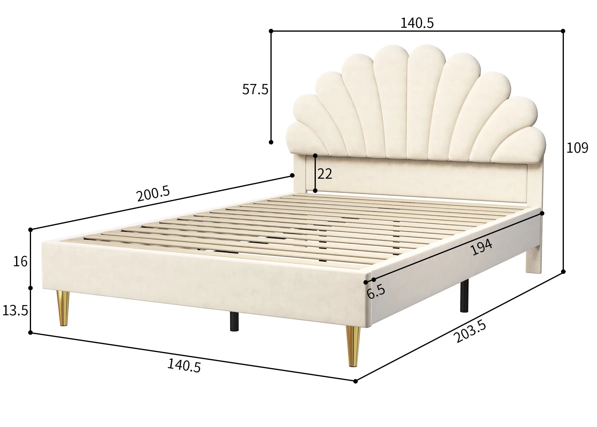 Lit Capitonné avec tête de lit coquillage en velour 140x200 cm & 90x200 cm