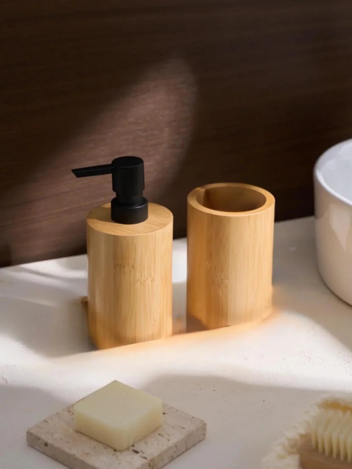 Set Salle de Bain Bambou - Distributeur Savon 450ml + Porte-Brosses à Dents