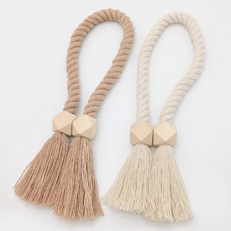 Embrasses de rideau bois naturel magnétiques avec pompons