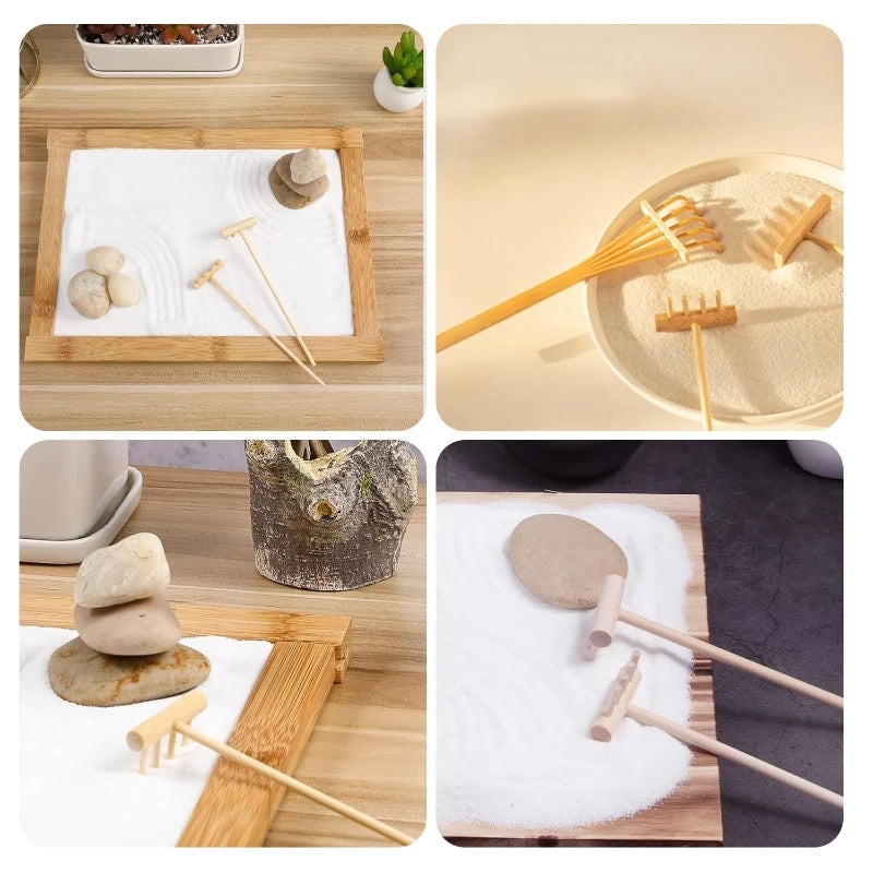 Plateau Jardin Zen Bambou avec Râteaux - Kit Méditation Relaxation Sable