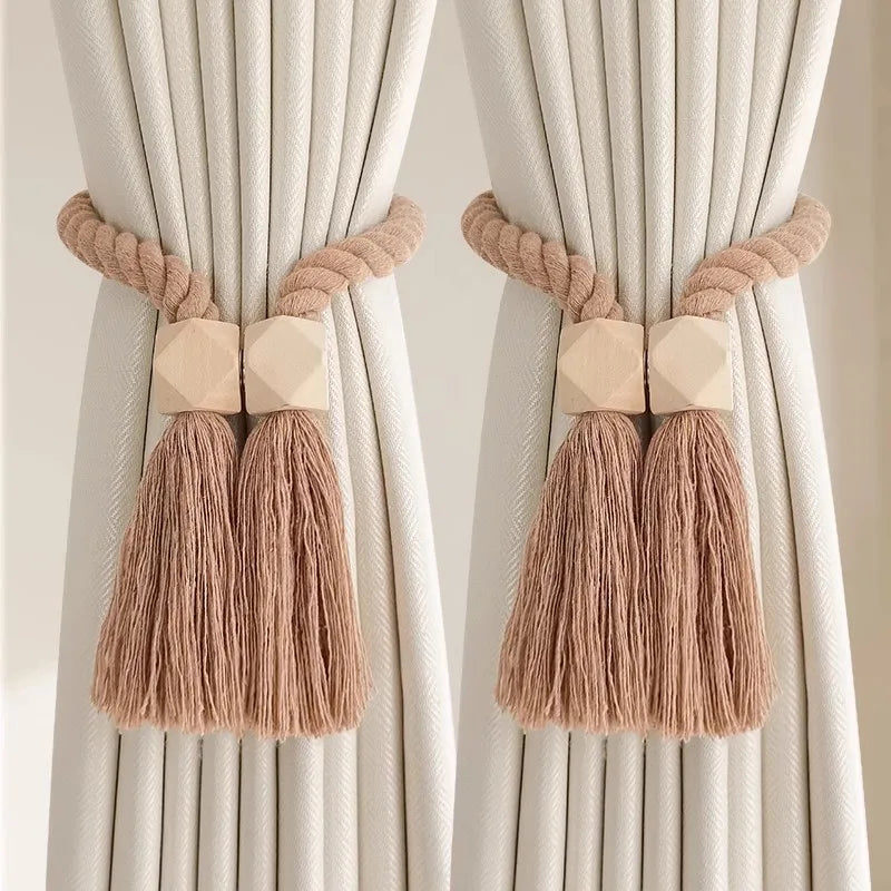 Embrasses de rideau bois naturel magnétiques avec pompons