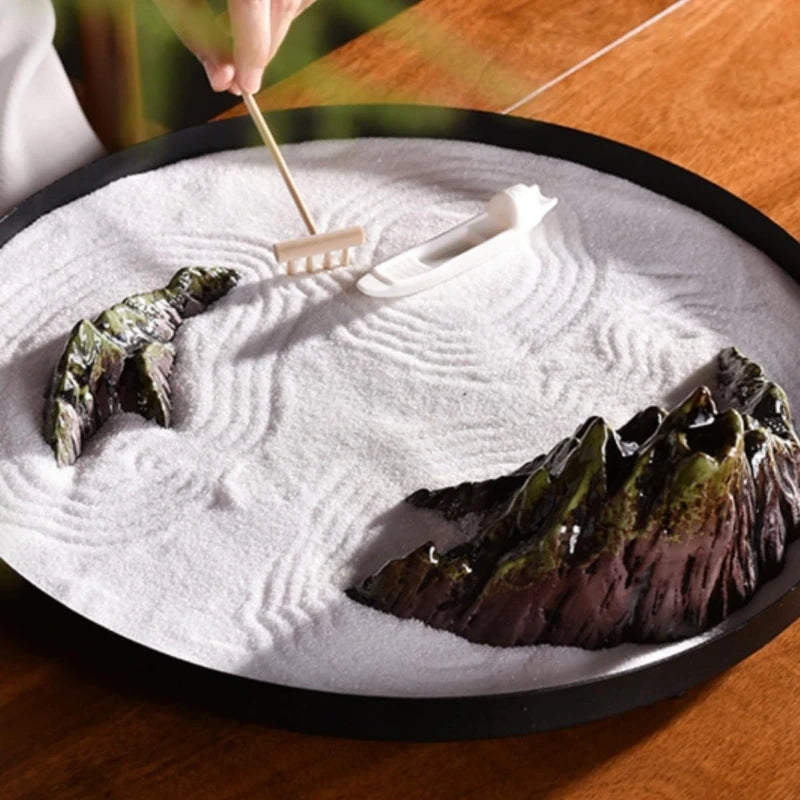 Plateau Jardin Zen Bambou avec Râteaux - Kit Méditation Relaxation Sable