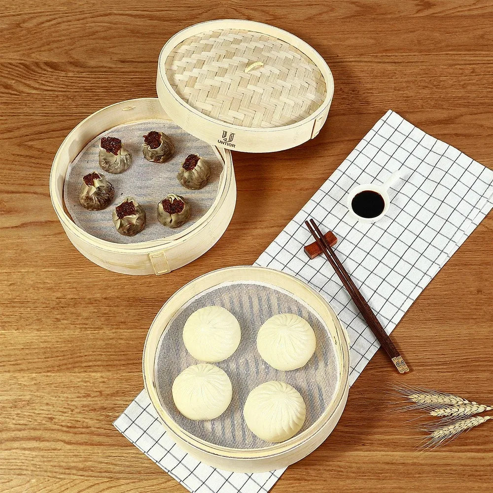 Panier Vapeur Bambou avec Couvercle - Cuiseur Dim Sum Raviolis Chinois