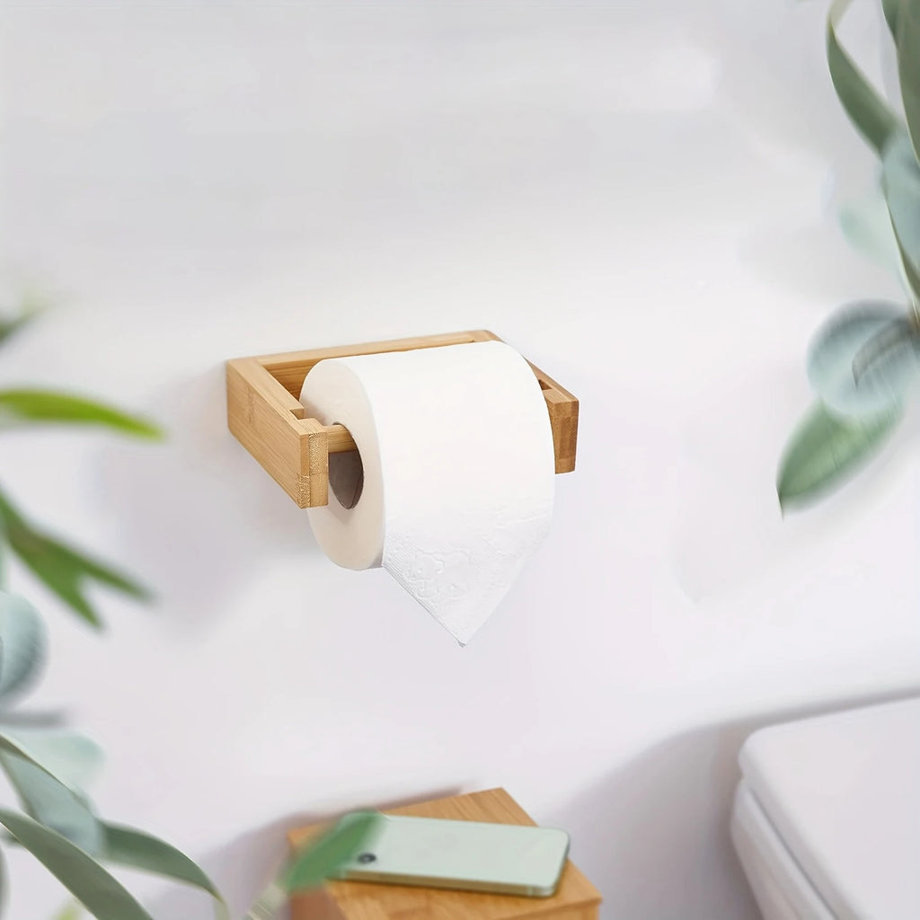 Porte-Papier Toilette Mural Bambou - Support Adhésif Bois Naturel Salle de Bain