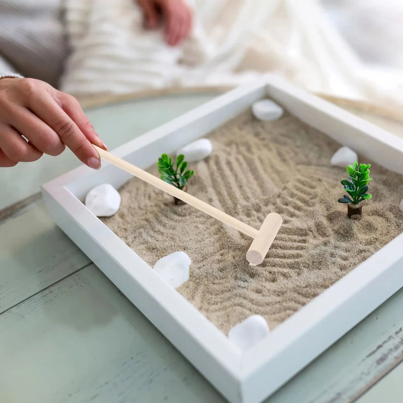 Plateau Jardin Zen Bambou avec Râteaux - Kit Méditation Relaxation Sable