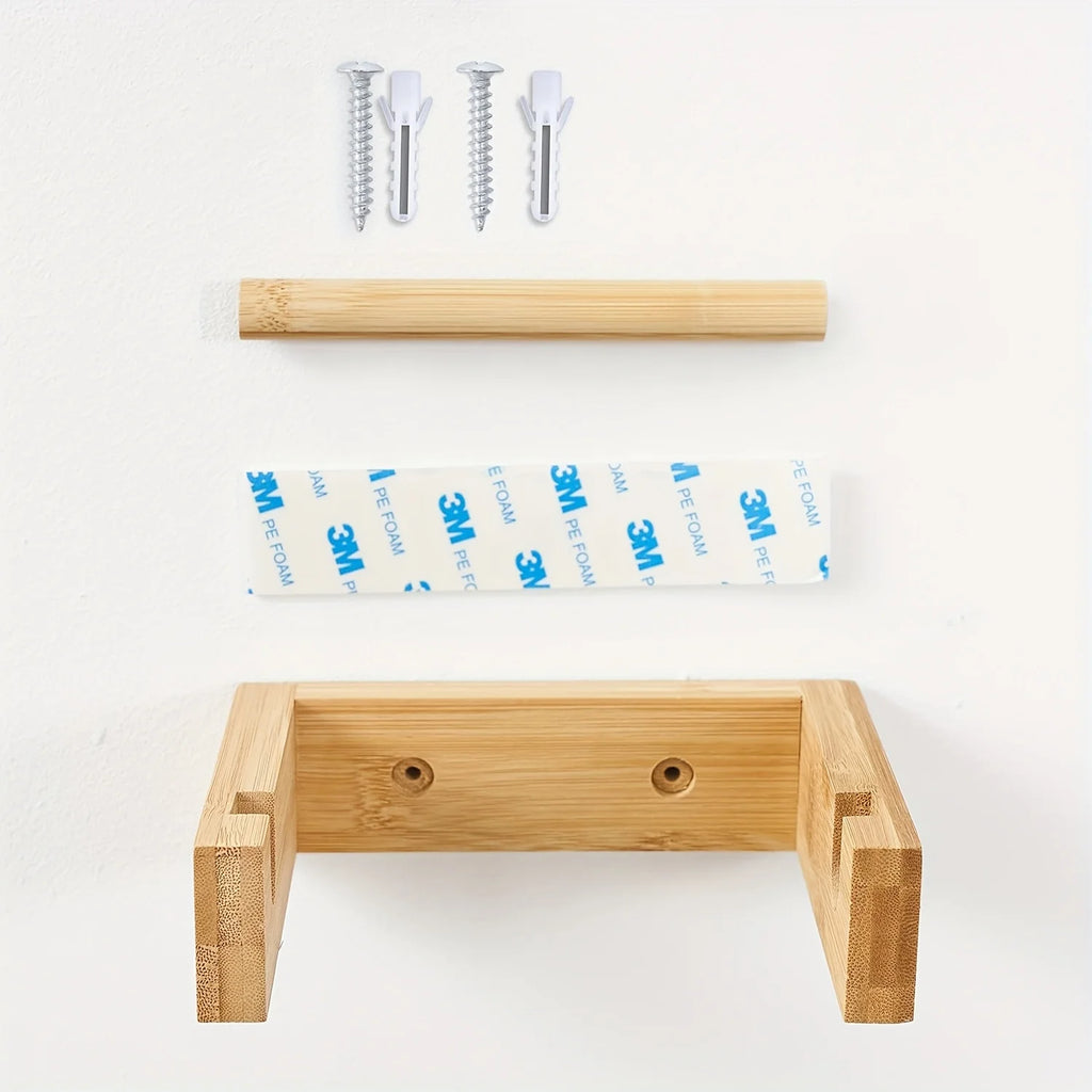 Porte-Papier Toilette Mural Bambou - Support Adhésif Bois Naturel Salle de Bain