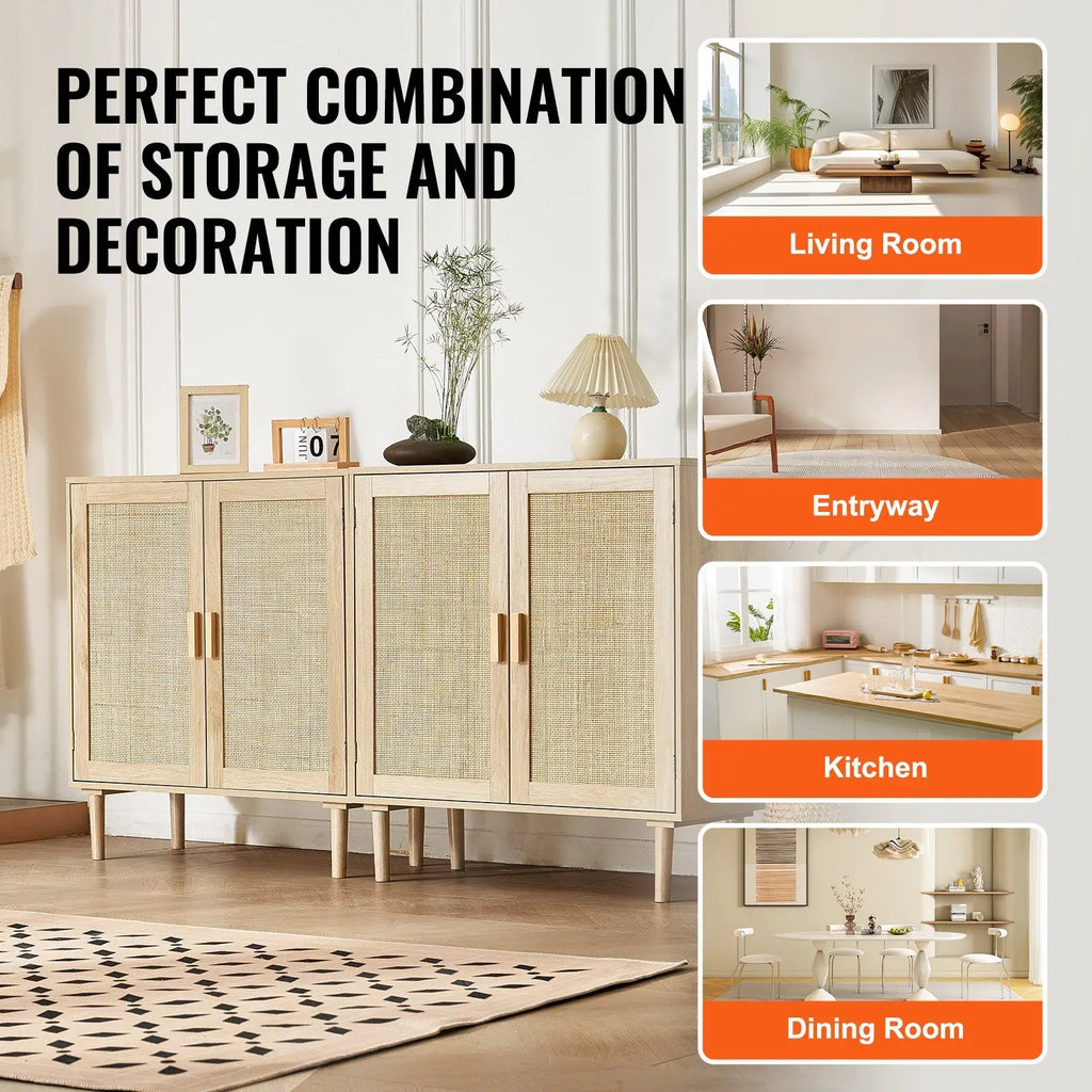 Buffet de rangement en rotin avec 4 portes magnétiques - Style vintage moderne
