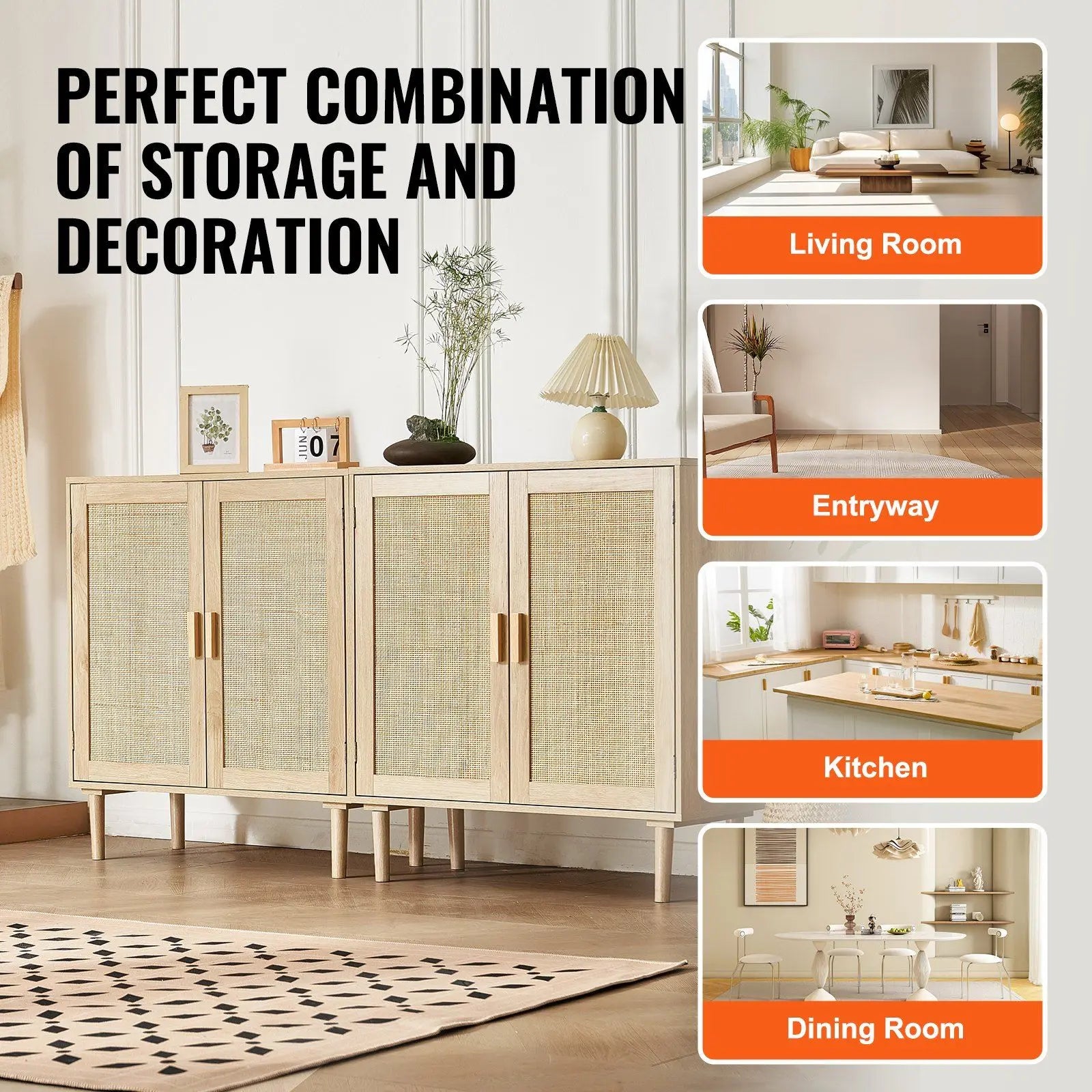 Buffet de rangement en rotin avec 4 portes magnétiques - Style vintage moderne