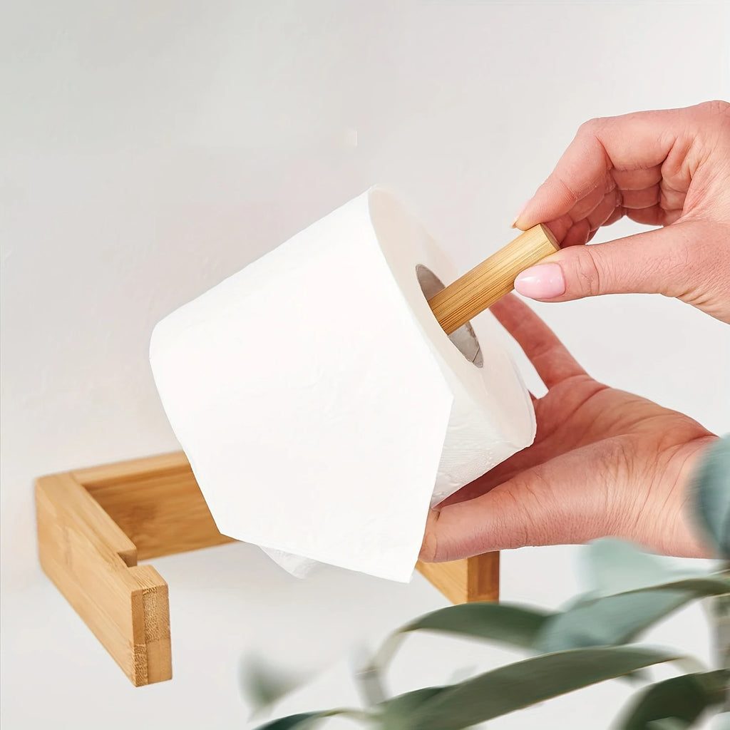 Porte-Papier Toilette Mural Bambou - Support Adhésif Bois Naturel Salle de Bain