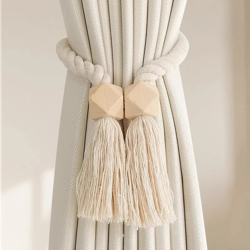 Embrasses de rideau bois naturel magnétiques avec pompons