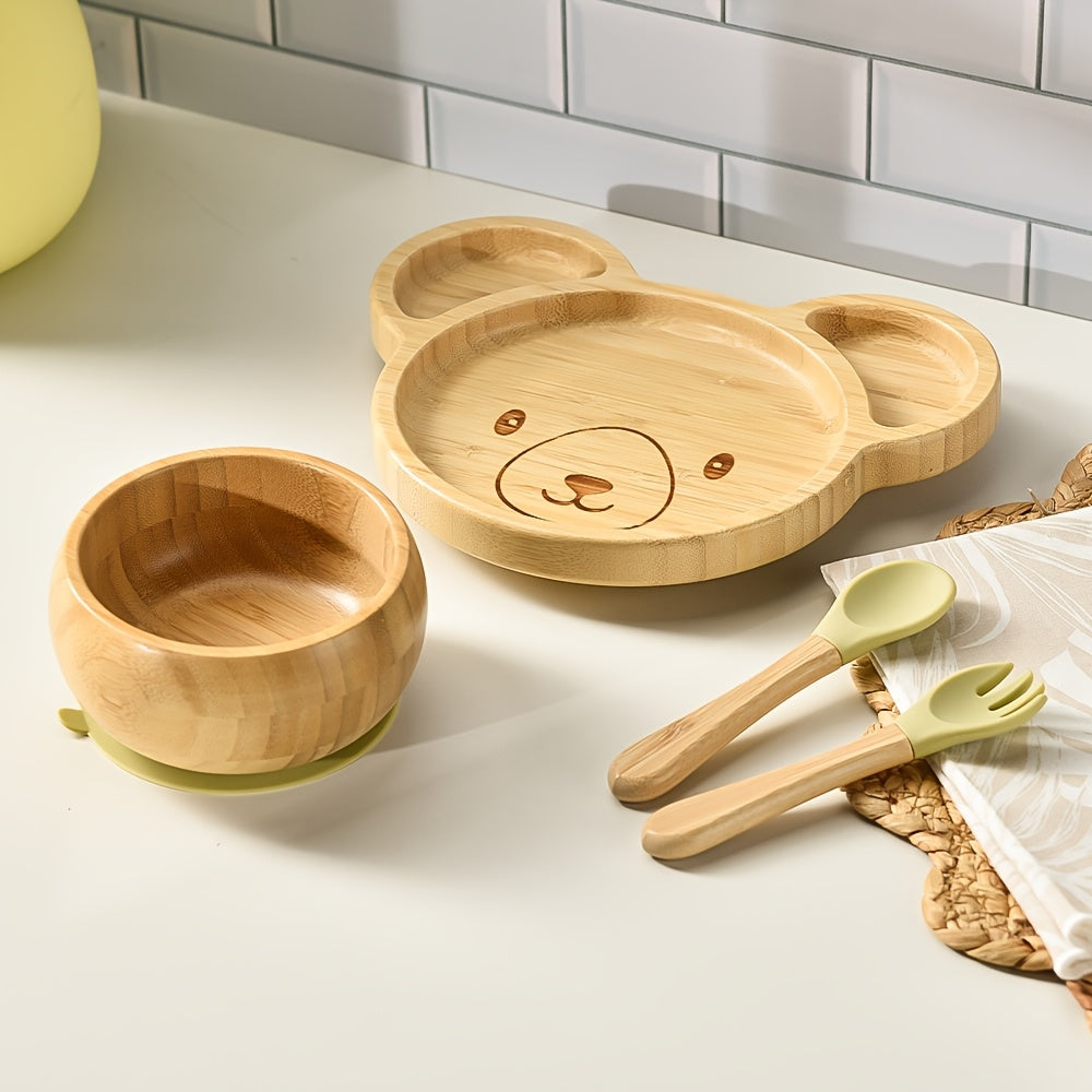 Set Vaisselle Bambou Bébé 4 Pièces - Bol Assiette Ventouse Couverts Silicone 0-3 ans