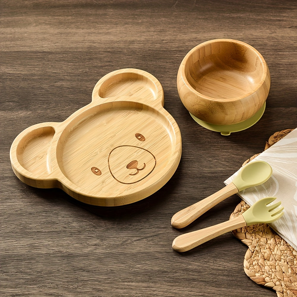 Set Vaisselle Bambou Bébé 4 Pièces - Bol Assiette Ventouse Couverts Silicone 0-3 ans